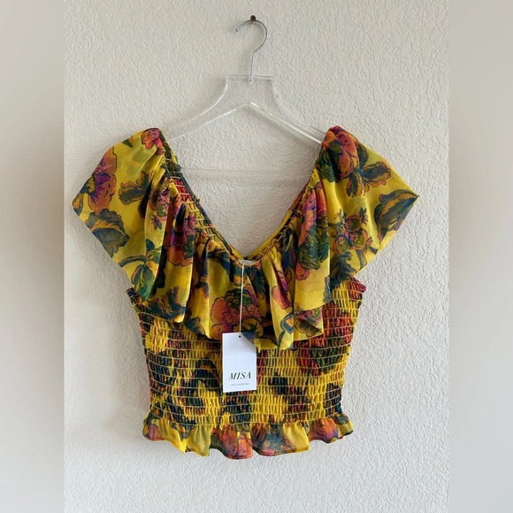 NWT MISA Los Angeles Cara Floral-Print Ruffle Smocked Top in Grand Canary Yellow - Picture 4 of 14